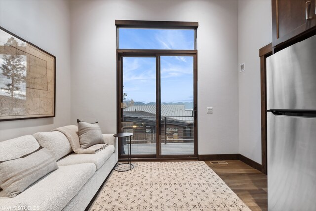 living room featuring dark wood-type flooring