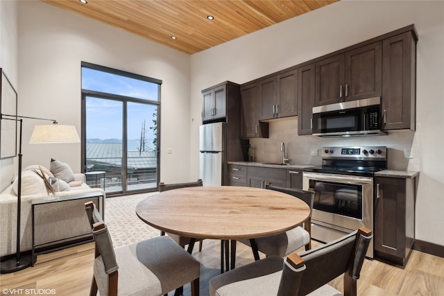 kitchen featuring wooden ceiling, sink, light wood-type flooring, dark brown cabinetry, and stainless steel appliances