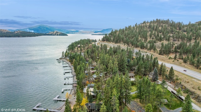 bird's eye view with a water and mountain view