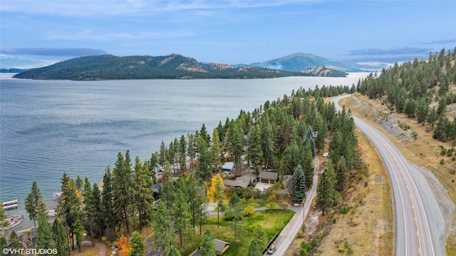 bird's eye view featuring a water and mountain view