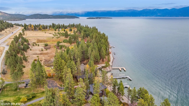 aerial view featuring a water and mountain view