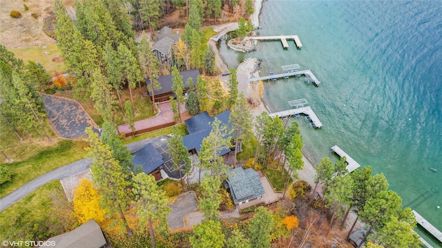 birds eye view of property featuring a water view