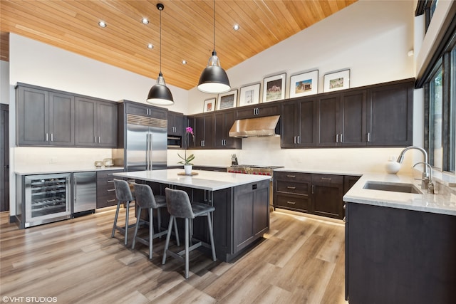 kitchen with wooden ceiling, sink, a kitchen island, dark brown cabinetry, and beverage cooler