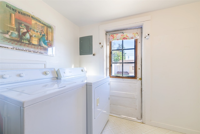 laundry area with electric panel and washer and clothes dryer