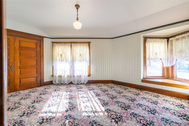 200 N 5th St, Hamilton, MT 59840 - spare room featuring vaulted ceiling, baseboards, and wallpapered walls