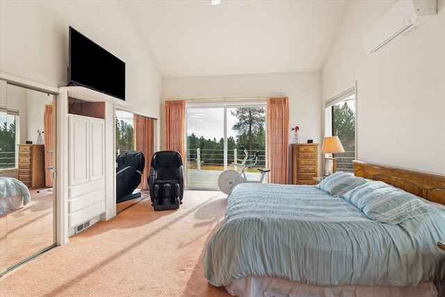 carpeted bedroom with an AC wall unit, multiple windows, high vaulted ceiling, and access to outside