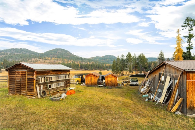 view of yard featuring a mountain view and an outbuilding