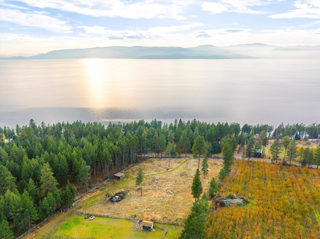 aerial view featuring a water and mountain view