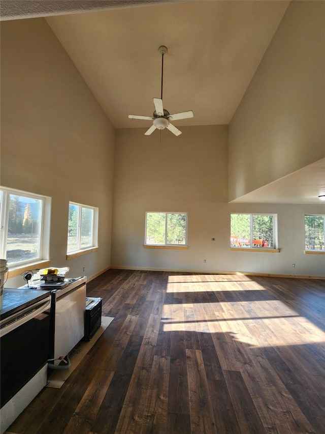 580 Upper Lynch Creek Rd, Plains, MT 59859 - unfurnished living room with high vaulted ceiling, dark wood-style flooring, ceiling fan, and baseboards