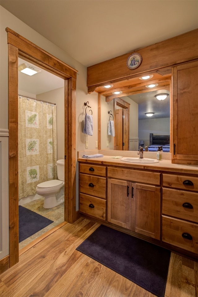 bathroom featuring hardwood / wood-style floors, vanity, and toilet