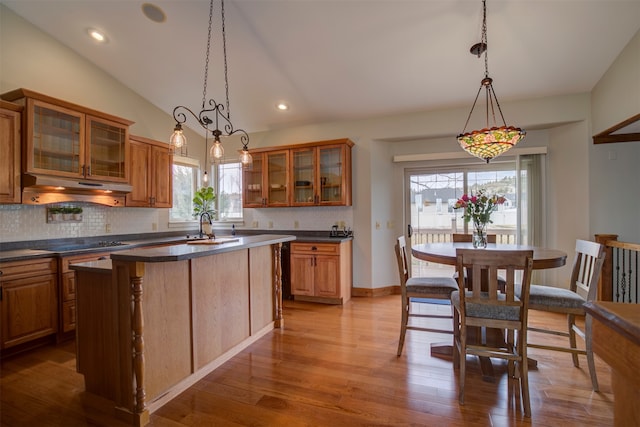 kitchen with a center island, sink, light hardwood / wood-style flooring, decorative light fixtures, and lofted ceiling