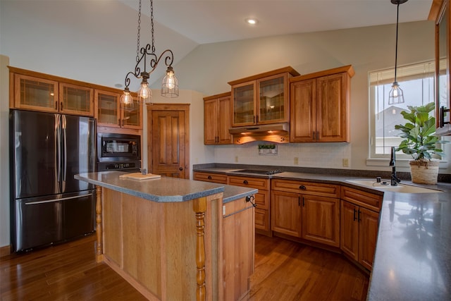 kitchen featuring dark hardwood / wood-style flooring, a center island, stainless steel appliances, and lofted ceiling