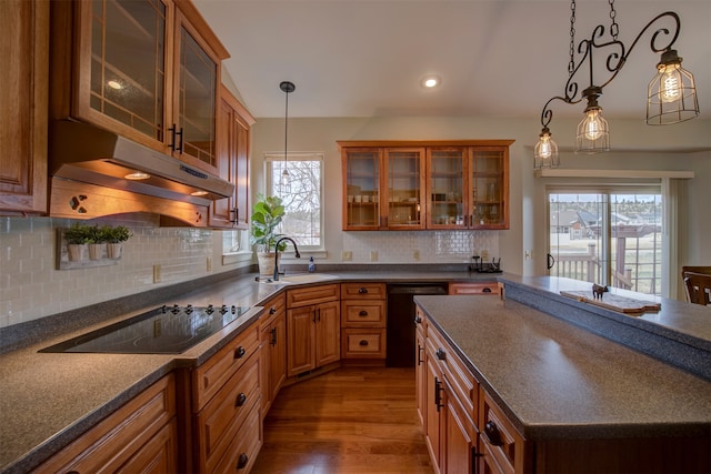 kitchen featuring pendant lighting, dark wood-type flooring, a healthy amount of sunlight, and sink