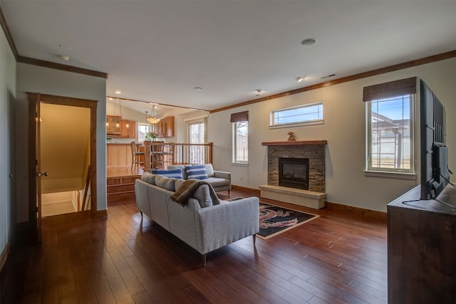 living room featuring a stone fireplace, dark hardwood / wood-style flooring, and ornamental molding