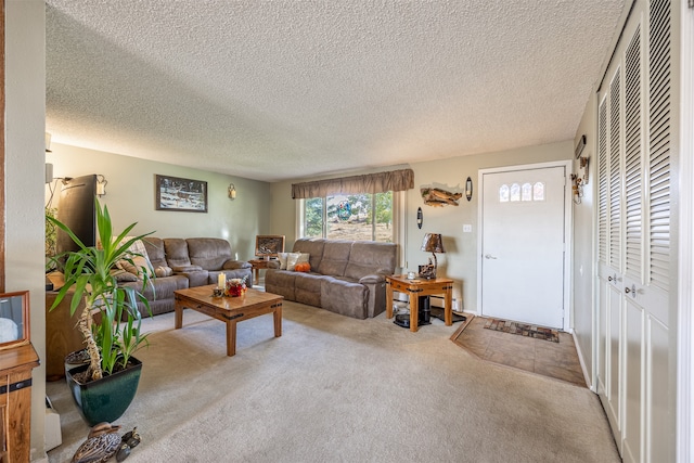 living room with a textured ceiling and light carpet