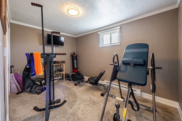 exercise area featuring a textured ceiling, carpet floors, and crown molding