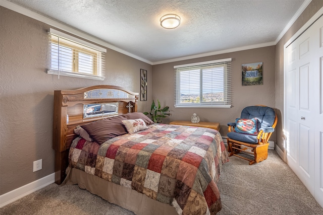 bedroom featuring carpet floors, a textured ceiling, and a closet