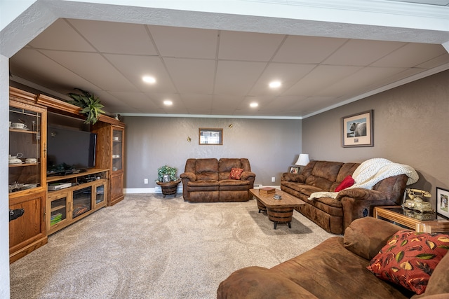 living room with carpet flooring, crown molding, and a drop ceiling