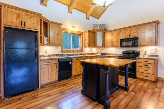 kitchen with wood ceiling, lofted ceiling with beams, black appliances, and dark hardwood / wood-style floors