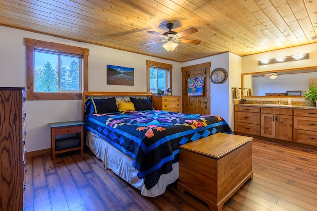 bedroom with ceiling fan, light wood-type flooring, sink, and wooden ceiling