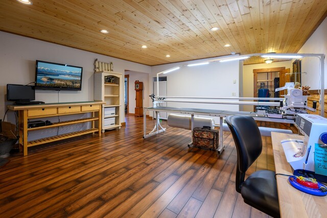 bedroom with hardwood / wood-style floors and wood ceiling