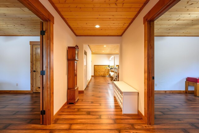 interior space with hardwood / wood-style floors and wood ceiling