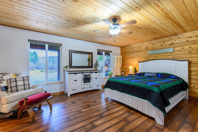 bedroom featuring wooden walls, ceiling fan, wood ceiling, and dark hardwood / wood-style floors