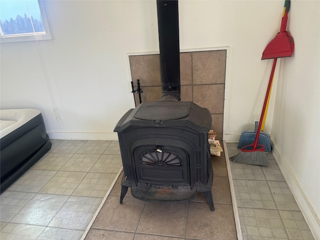 room details featuring a wood stove