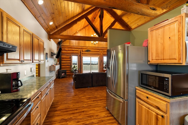 kitchen with wood ceiling, beamed ceiling, stainless steel appliances, and dark hardwood / wood-style floors