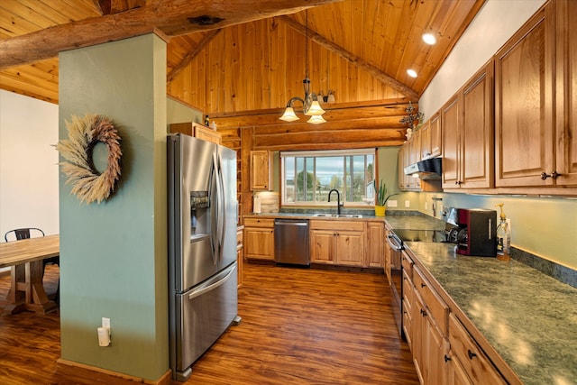 kitchen with appliances with stainless steel finishes, dark hardwood / wood-style flooring, high vaulted ceiling, and pendant lighting