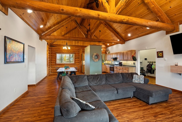 living room with beamed ceiling and wood ceiling