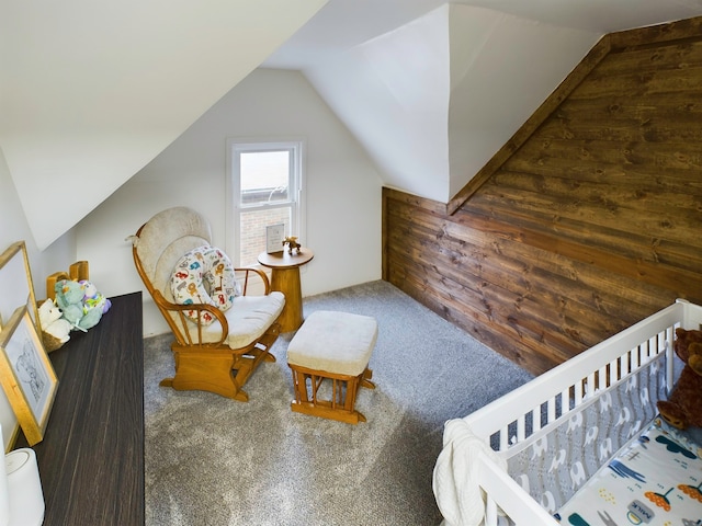 carpeted bedroom featuring vaulted ceiling