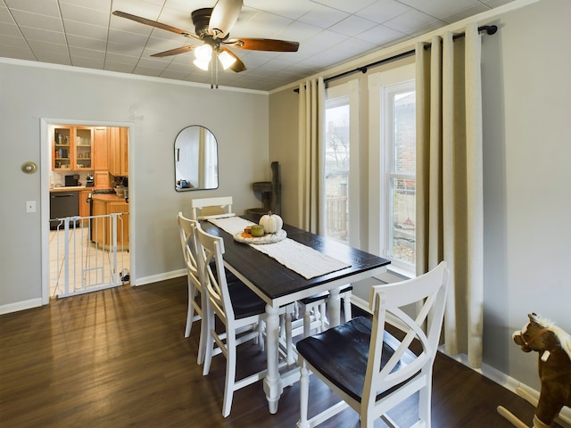 dining room with crown molding, dark hardwood / wood-style flooring, and ceiling fan