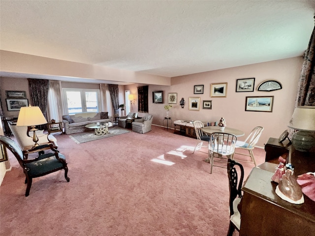 living room featuring carpet flooring and a textured ceiling