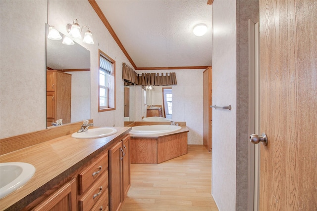 bathroom with vanity, hardwood / wood-style floors, a textured ceiling, ornamental molding, and a washtub