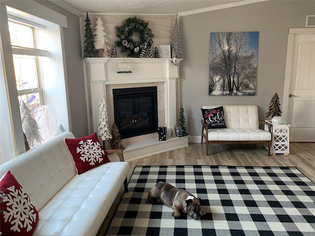 living room with crown molding and light hardwood / wood-style floors