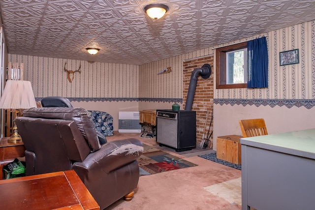 4 Courtier Rd, Thompson Falls, MT 59873 - carpeted home theater featuring wallpapered walls, a wood stove, and an ornate ceiling