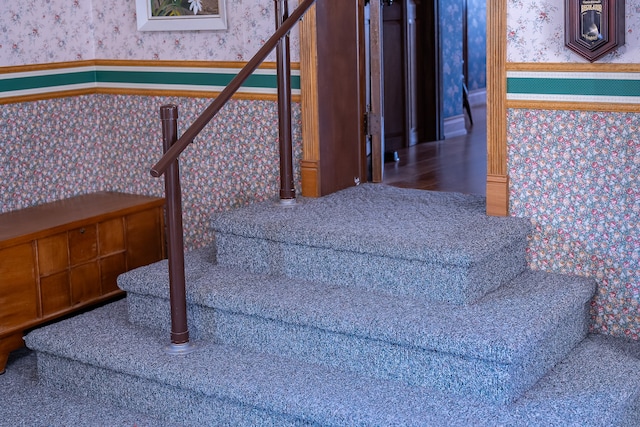 staircase with hardwood / wood-style floors