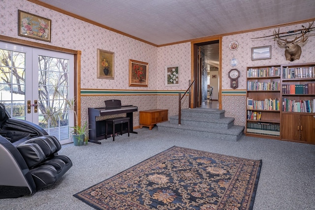 4 Courtier Rd, Thompson Falls, MT 59873 - carpeted living room with crown molding, wallpapered walls, french doors, and stairway
