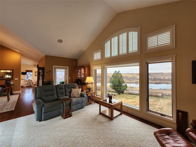 living room with hardwood / wood-style floors, a water view, and high vaulted ceiling