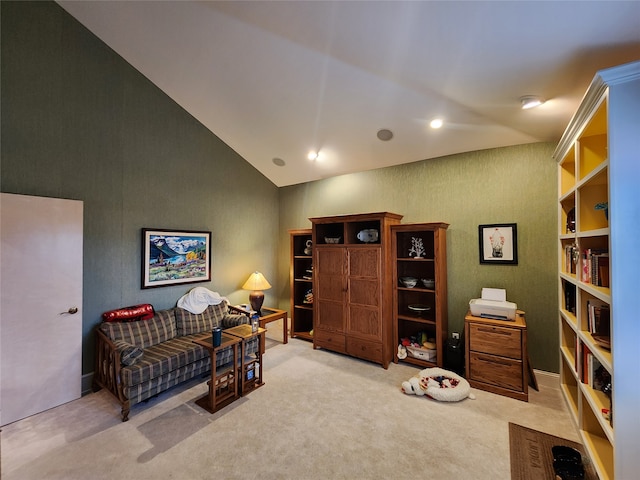 living room featuring light carpet and lofted ceiling