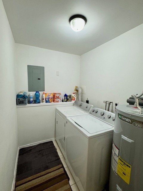 clothes washing area with light tile patterned floors, independent washer and dryer, electric panel, and water heater