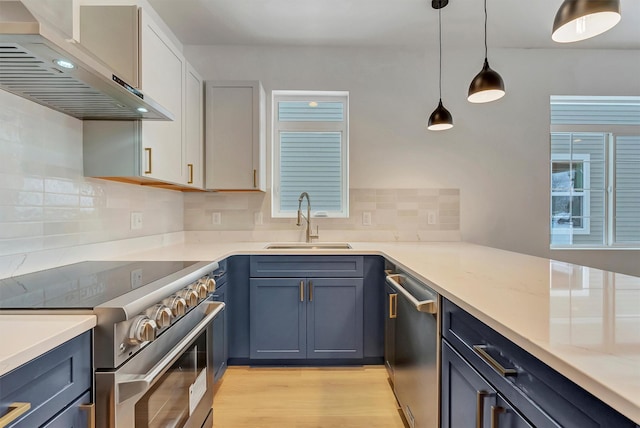 kitchen with stainless steel appliances, plenty of natural light, a sink, and wall chimney range hood