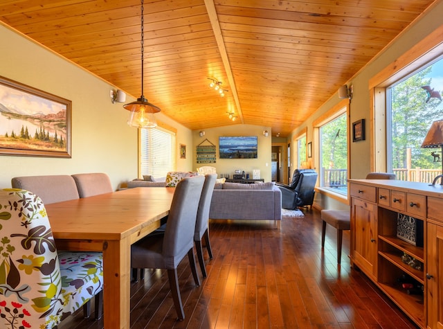 dining room with dark hardwood / wood-style flooring, wooden ceiling, and vaulted ceiling