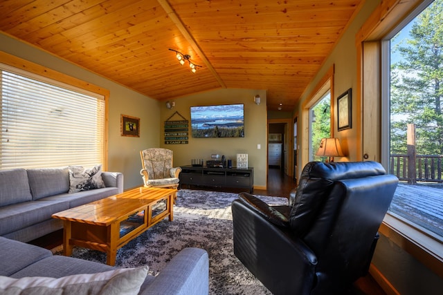 living room with wooden ceiling, hardwood / wood-style flooring, and lofted ceiling