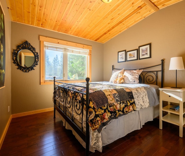 bedroom featuring wooden ceiling, dark wood-type flooring, and vaulted ceiling