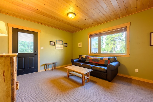 living room with carpet, plenty of natural light, and wood ceiling