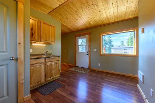 kitchen with wooden ceiling, sink, dark wood-type flooring, and lofted ceiling