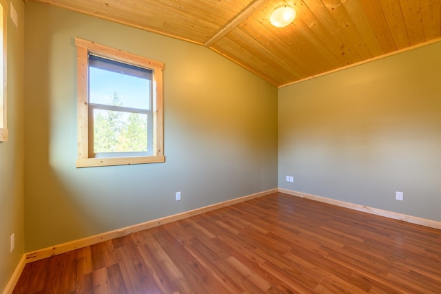 empty room with wood ceiling, vaulted ceiling, and wood-type flooring