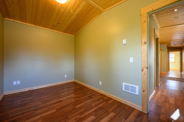 unfurnished room featuring ornamental molding, dark hardwood / wood-style flooring, lofted ceiling, and wood ceiling